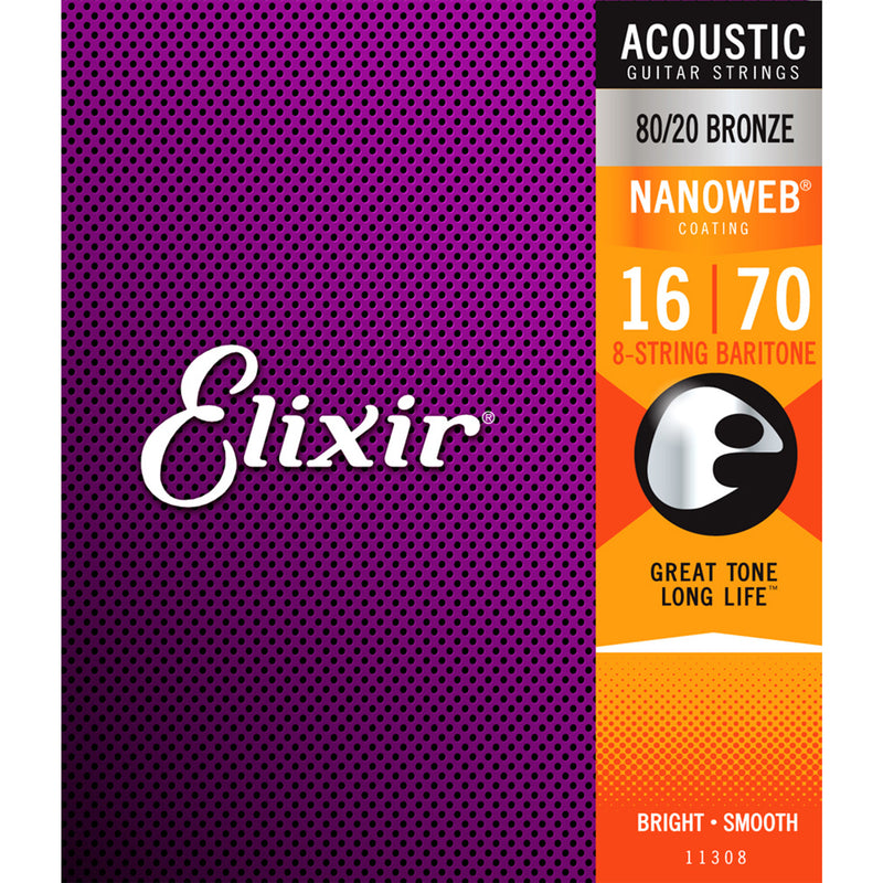 Elixir Strings - Acoustic 80/20 Bronze with Nanoweb Coating - 8 String Baritone