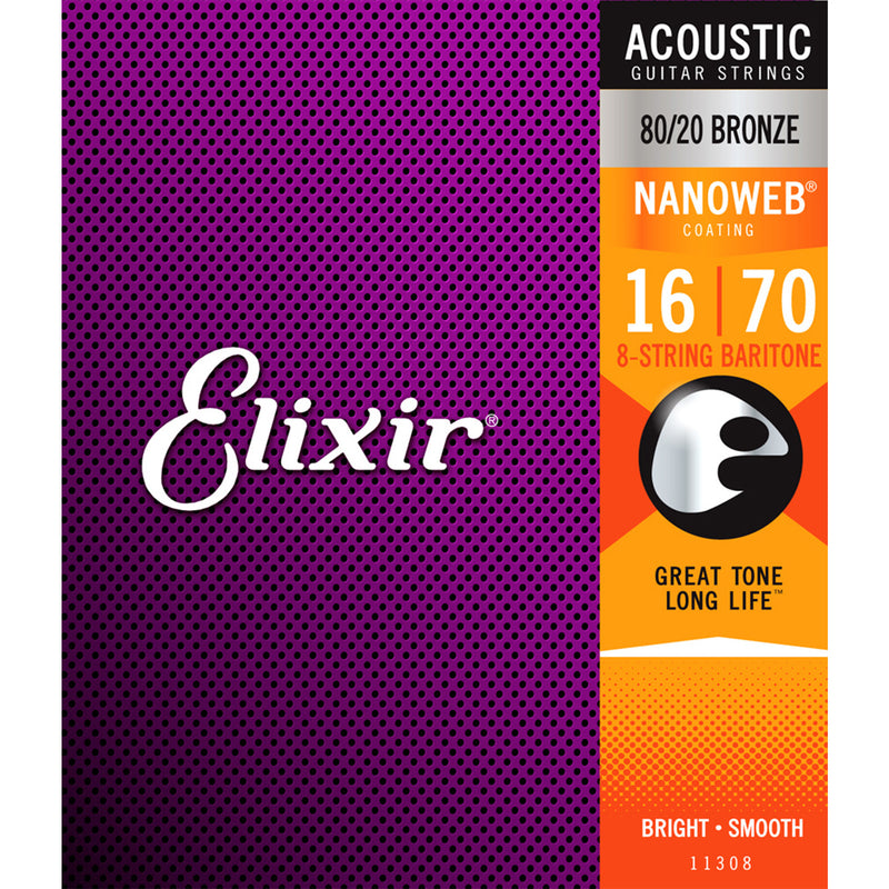 Elixir Strings - Acoustic 80/20 Bronze with Nanoweb Coating - 8 String Baritone