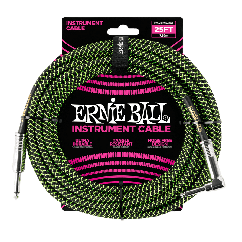 Ernie Ball 25ft. Braided Instrument Cable - Black / Green