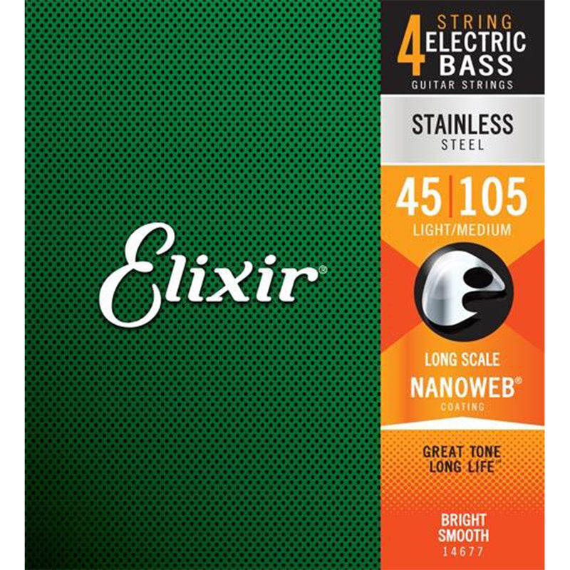 Elixir Coated Electric Bass Strings - Stainless Steel with Nanoweb Coating - .045-.105